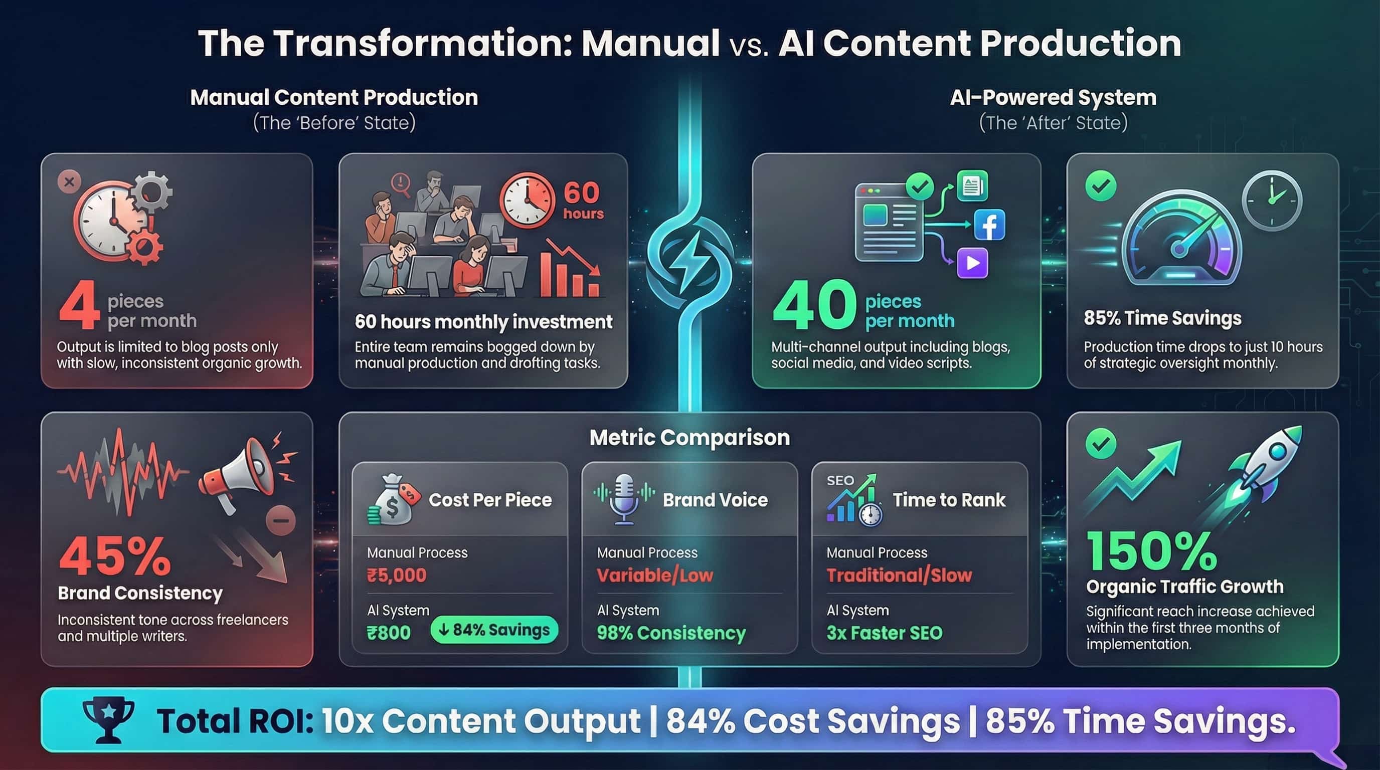 Before/After comparison infographic: Content output (4 → 40 pieces/month), Production time (60 hrs → 10 hrs/month), Cost per piece (₹5,000 → ₹800), Organic traffic (+150% in 3 months), Brand consistency (45% → 98%)